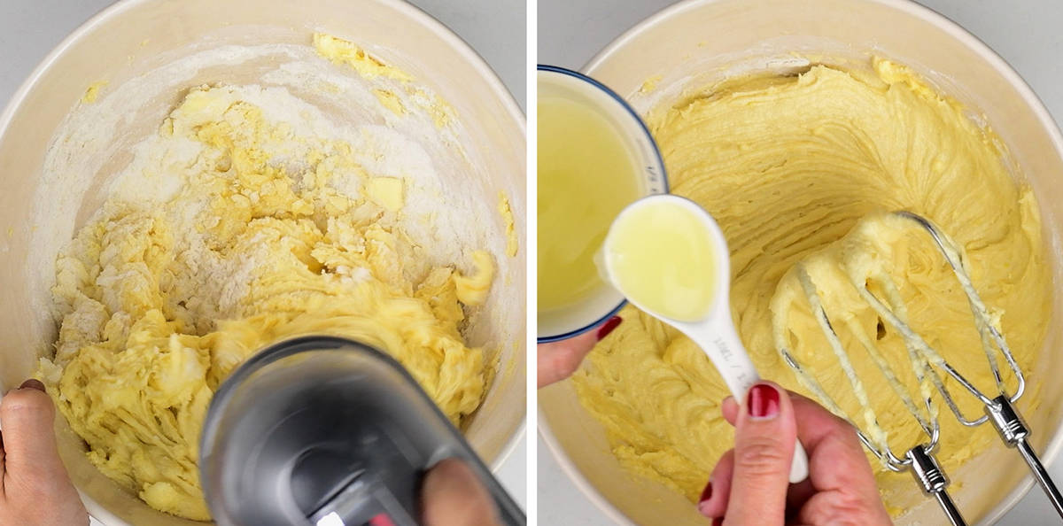 Beating batter for lemon drizzle loaf cake in a mixing bowl using a hand mixer