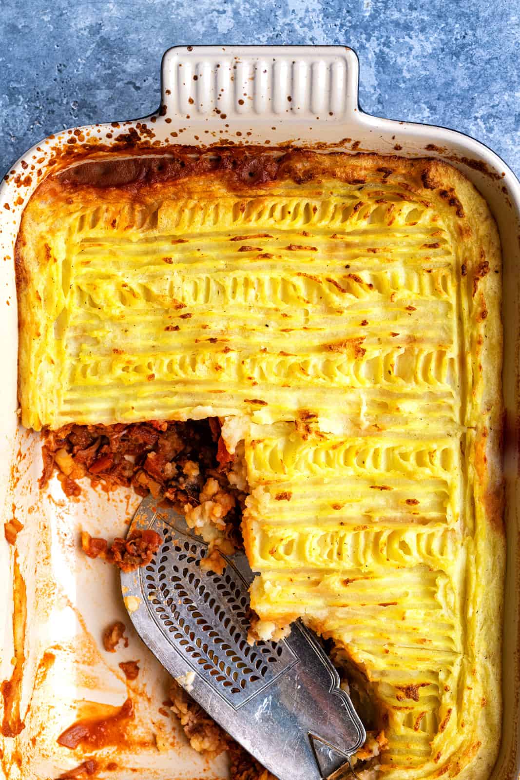 Close up on vegan shepherd's pie in a casserole dish