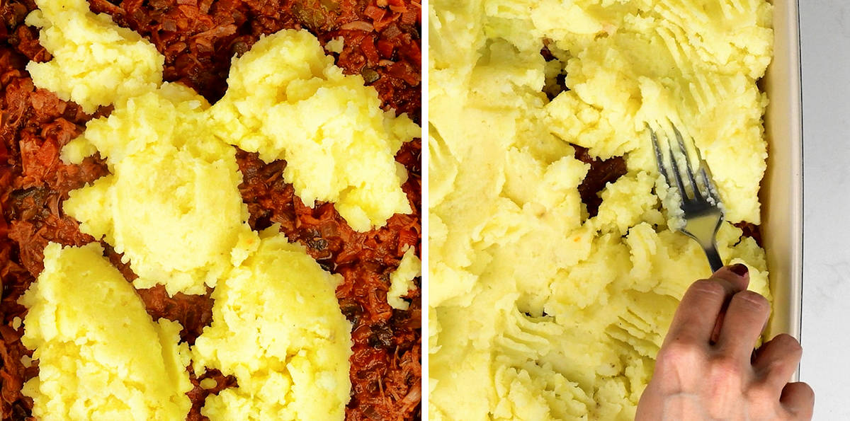 topping vegan shepherd's pie with mashed potatoes collage