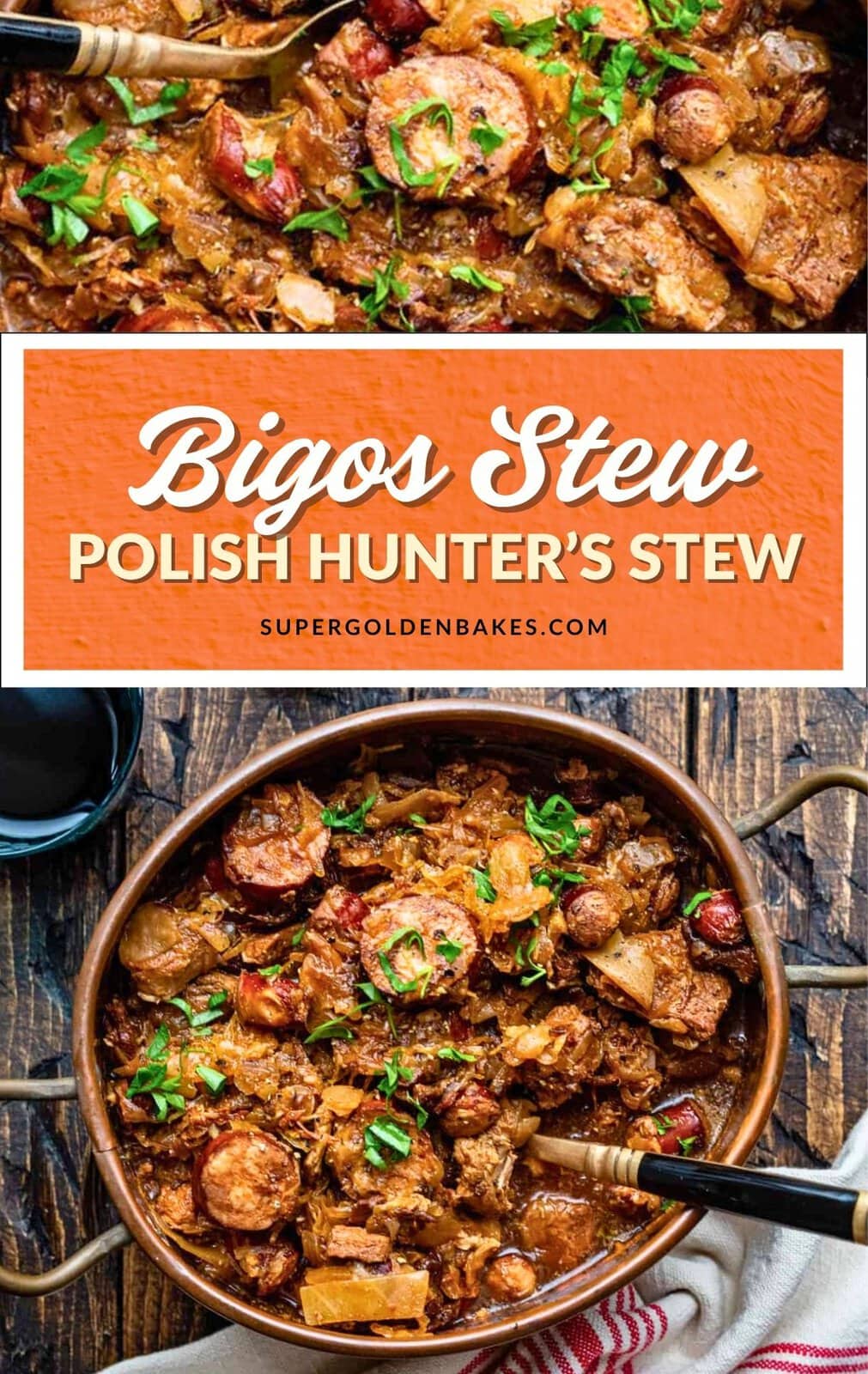 Overhead view of a pot filled with Bigos Stew, featuring chunks of sausage, meat, cabbage, and herbs. A bowl of the hearty Polish hunter’s stew is served with a fork on a striped cloth beside a cup of dark liquid. Text reads: “Bigos Stew Polish Hunter’s Stew.”.