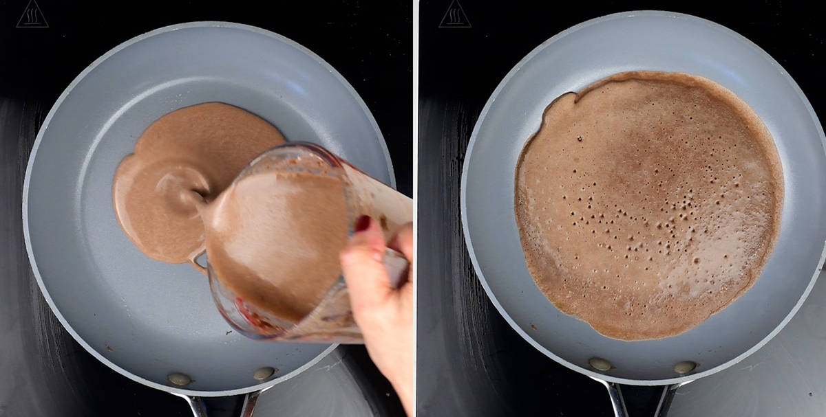 Cooking chocolate crepes in a frying pan collage