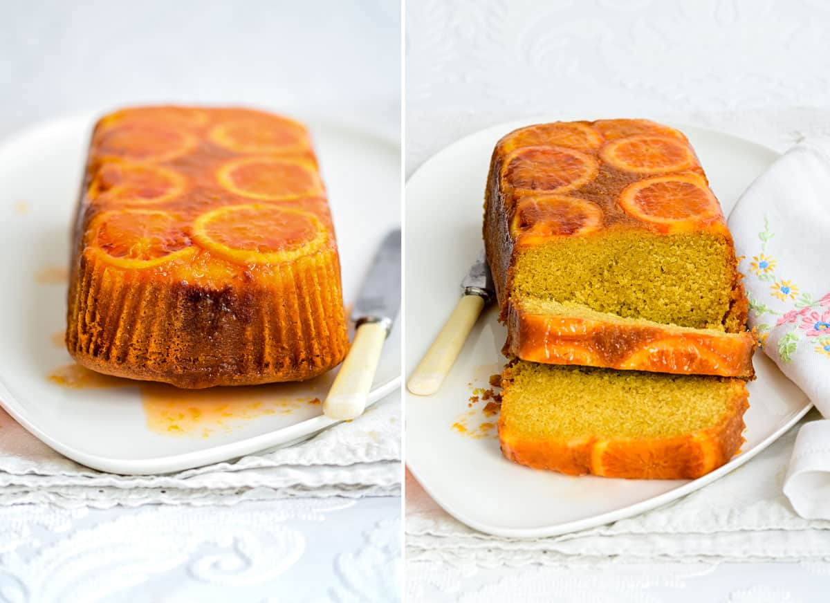Orange cake photo collage showing the cake whole and sliced