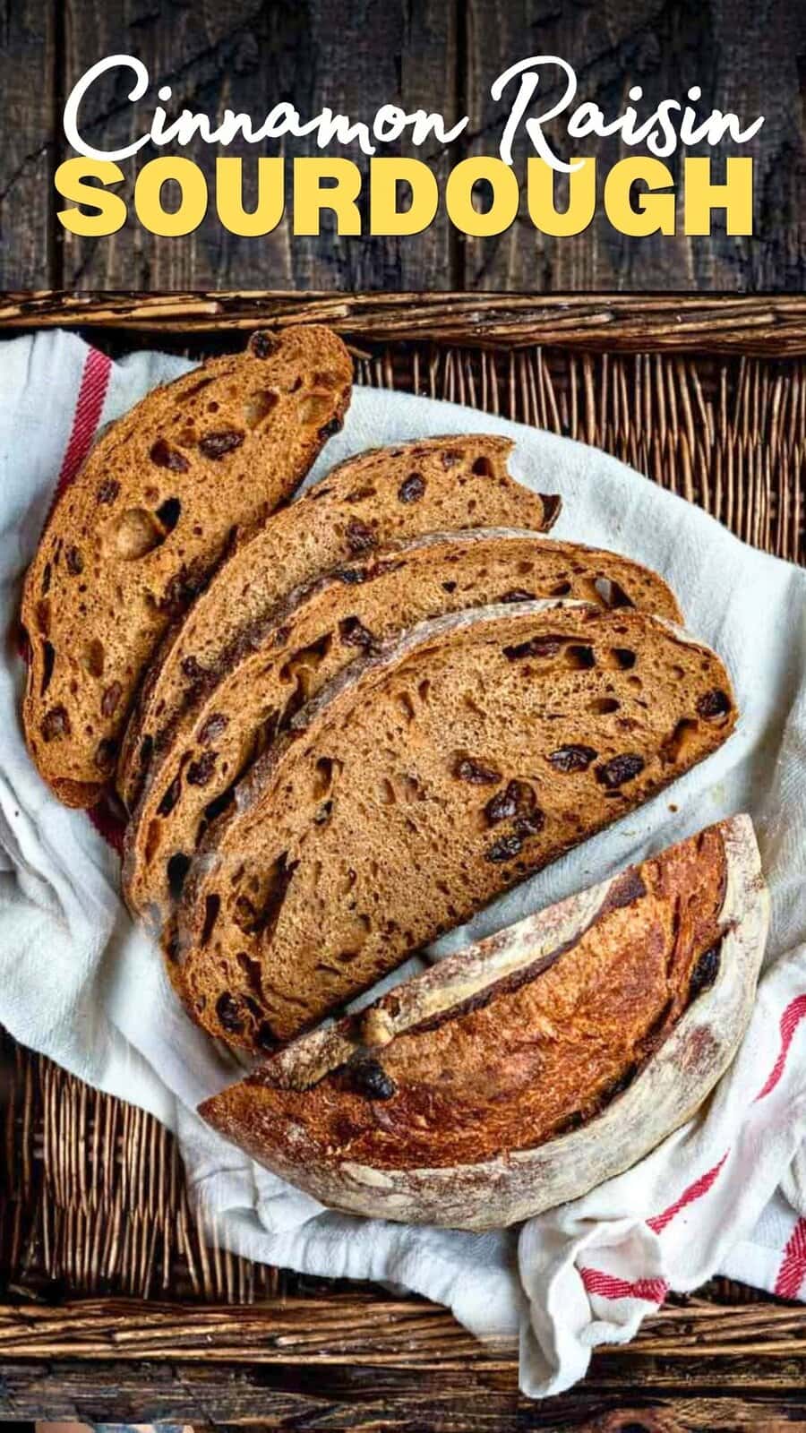 Sliced Cinnamon Raisin Sourdough Bread rests on a white cloth in a wicker basket, with "Cinnamon Raisin Sourdough" displayed above in bold white and yellow font.
