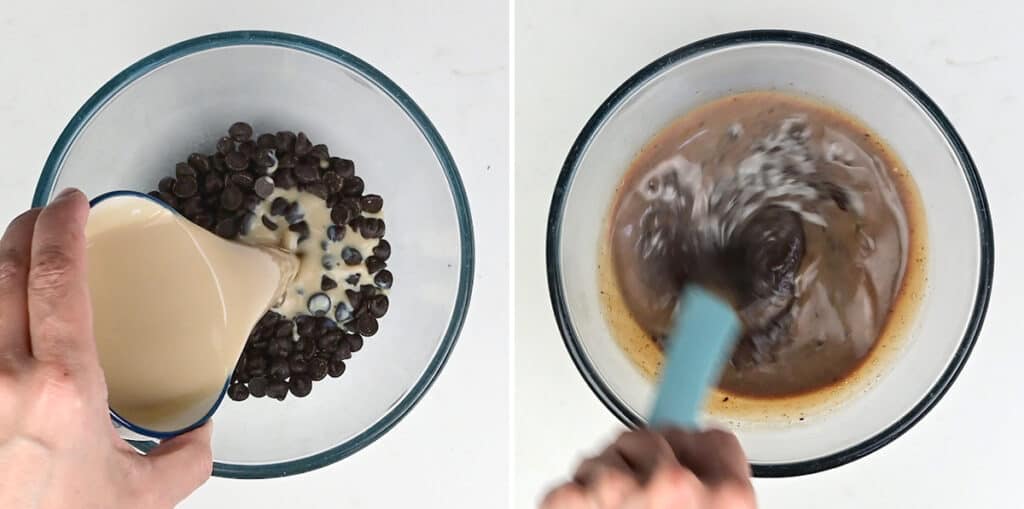 Combing Baileys and chocolate chips in a bowl, melting together to make ganache collage