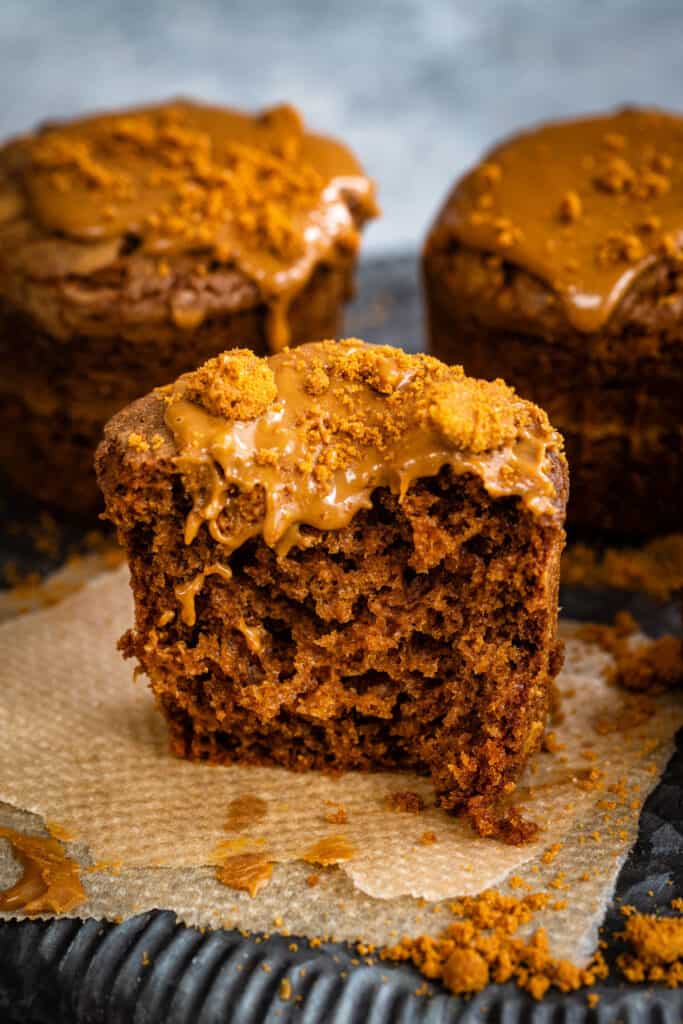 Close up on Biscoff muffin cut in half to show the texture