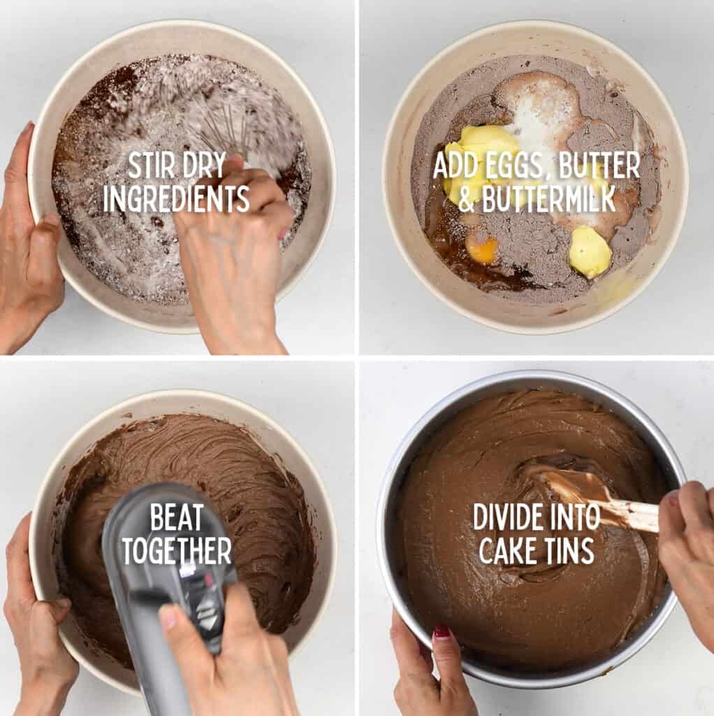 collage showing steps how to make chocolate sponge cake