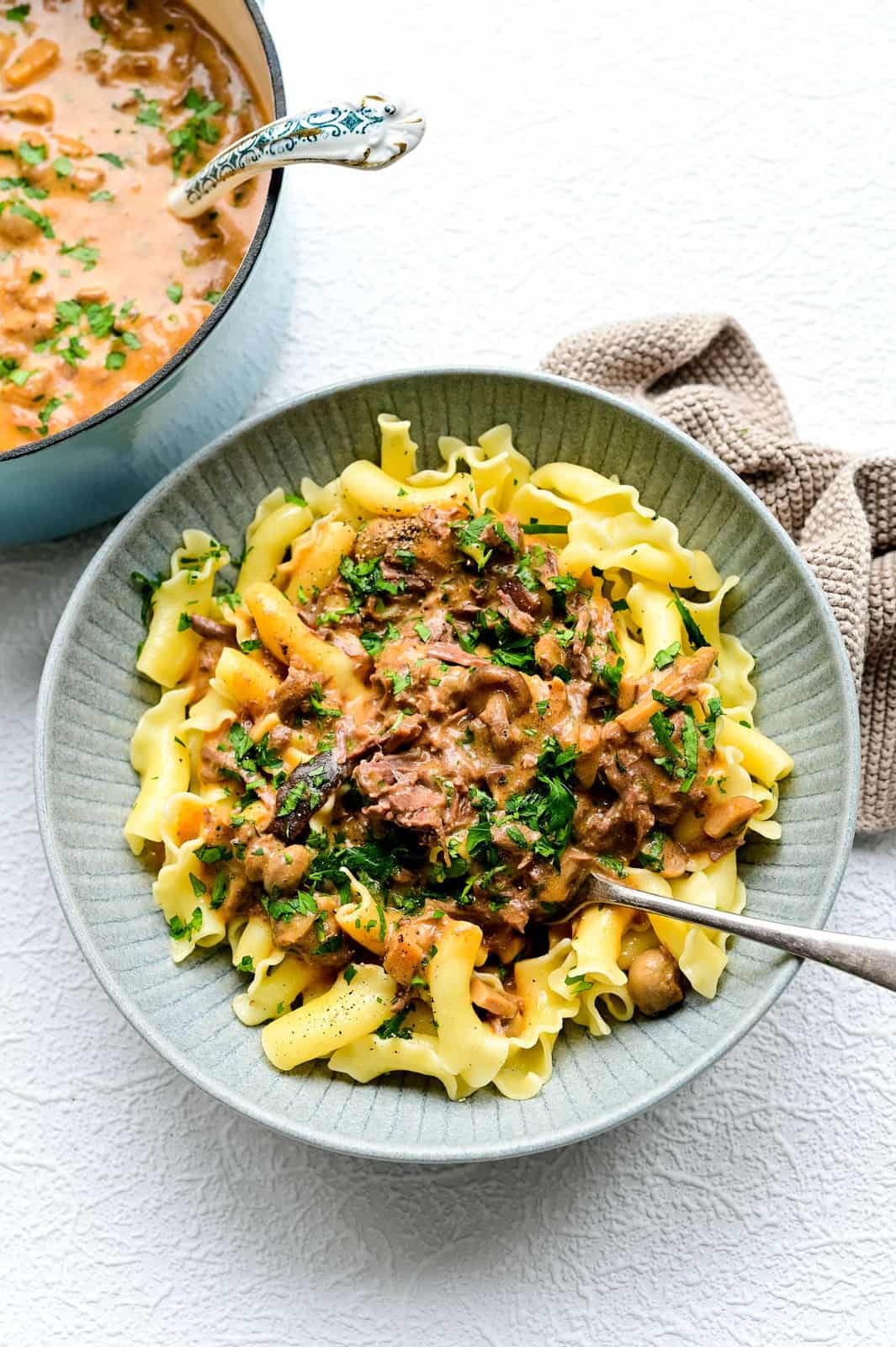 bowl of noodles with beef stroganoff sauce