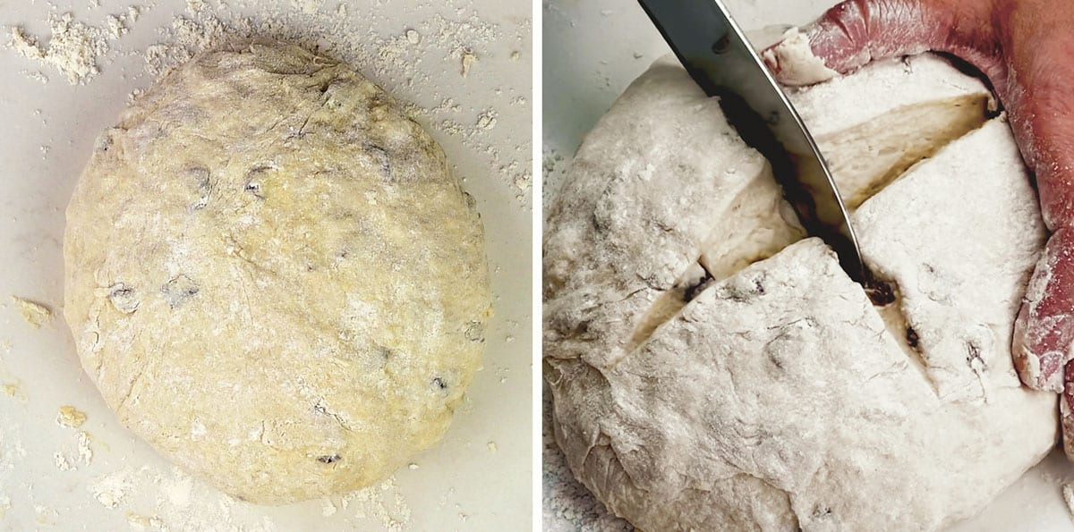 Shaping and scoring cross on Irish soda bread photo collage