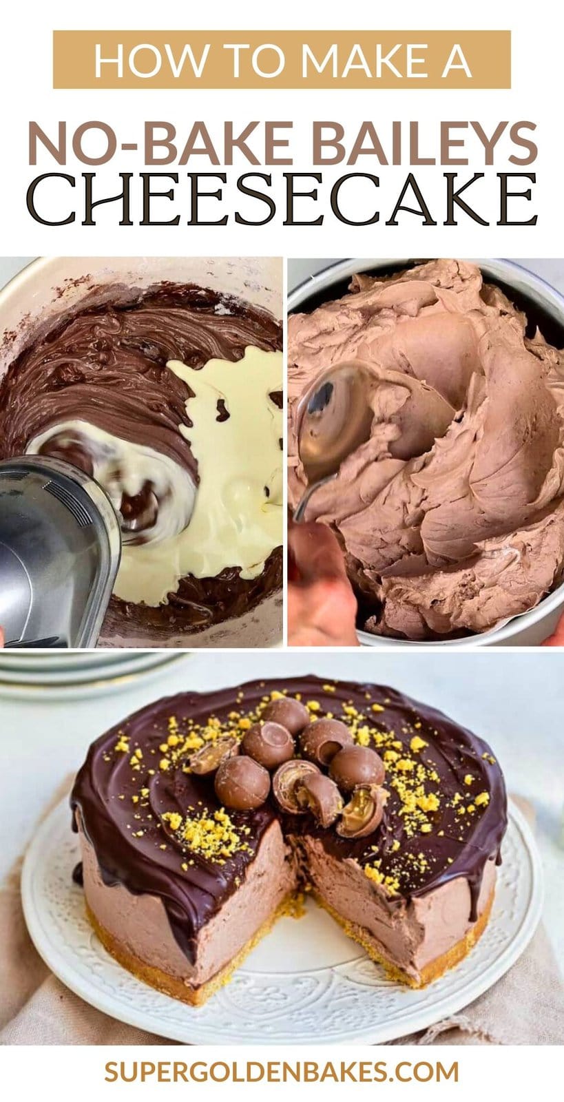 Collage showing how to make Baileys Cheesecake: mixing ingredients, blending chocolate mixture, finished cheesecake topped with chocolate glaze, Maltesers, and yellow sprinkles, served on a plate. Perfect for your next Baileys cheesecake recipe!.