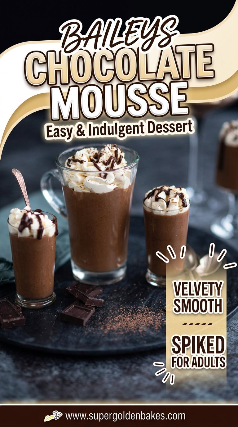 Three glasses of Baileys Chocolate Mousse topped with whipped cream and chocolate drizzle sit on a dark tray with pieces of chocolate, promoting this easy Baileys chocolate mousse as velvety, smooth, and perfectly spiked for adults.