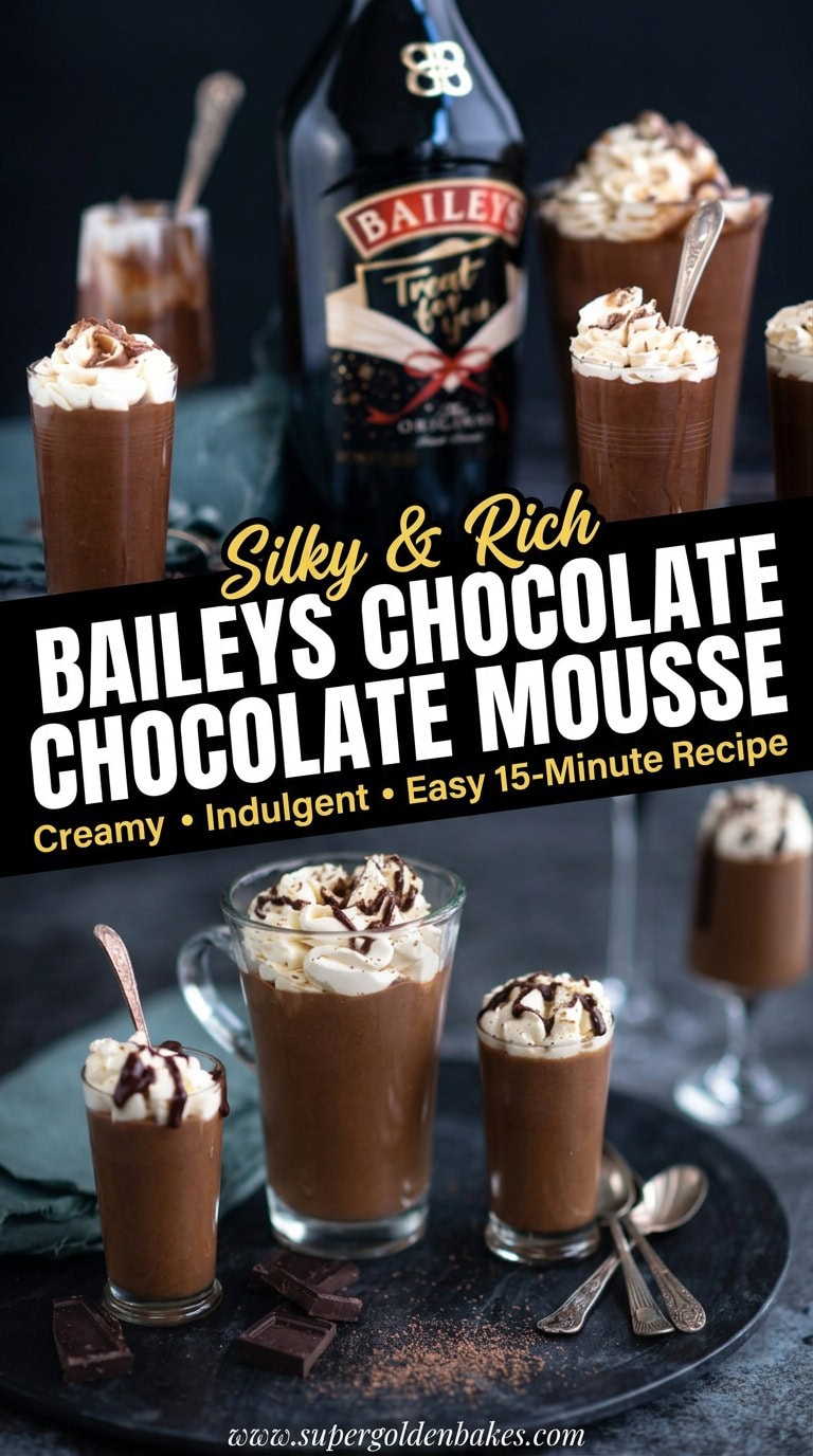 A bottle of Baileys sits behind several glasses of chocolate mousse topped with whipped cream and chocolate drizzle. Text reads, “Easy Baileys Chocolate Mousse—Creamy, Indulgent, and Ready in Just 15 Minutes.”.