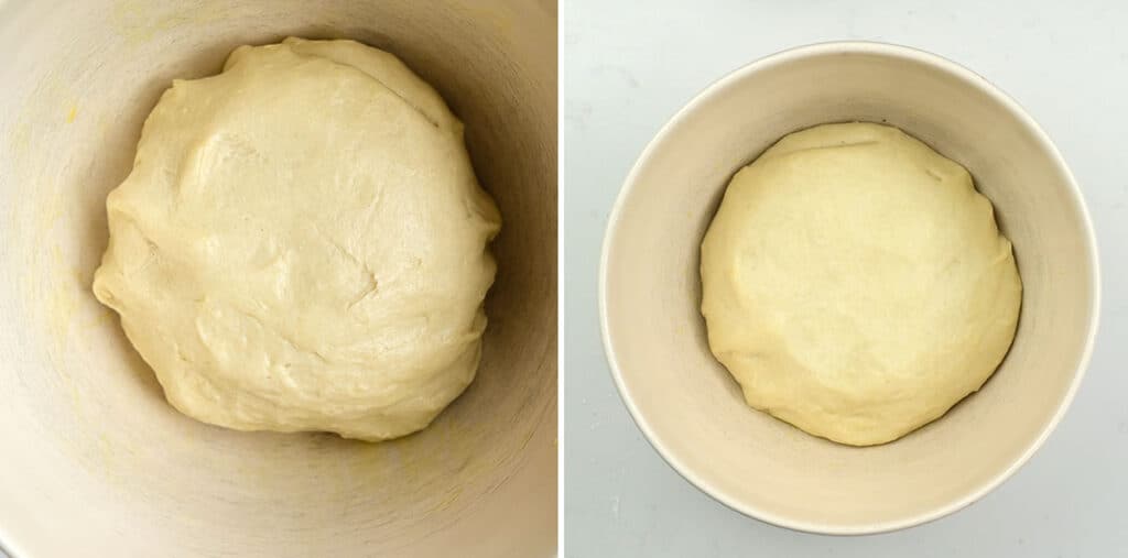 milk bread dough before and after first rise collage