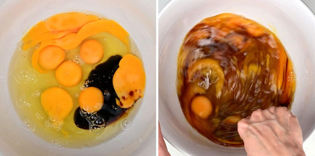 whisking eggs and soy sauce in a bowl