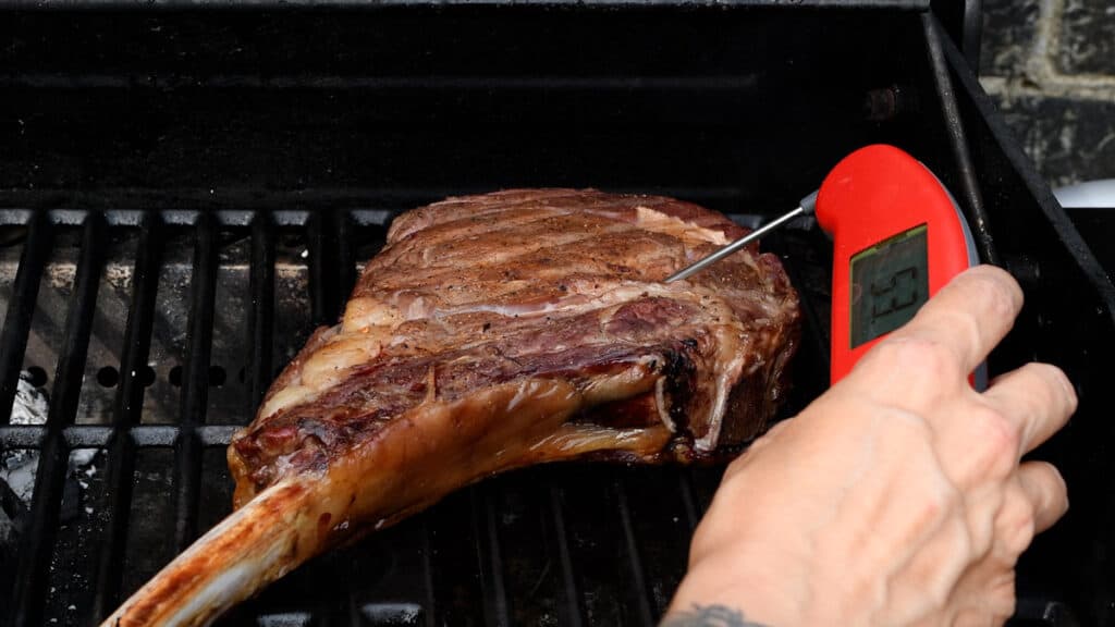 checking temperature of bbq steak with a digital thermometer