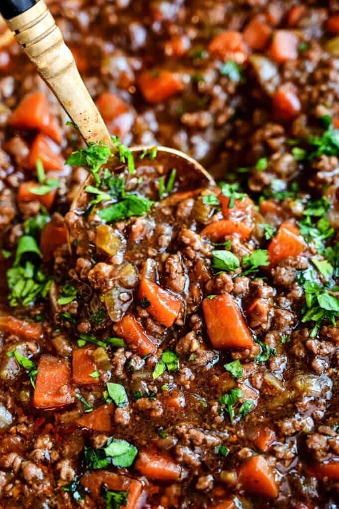 close up on minced beef in rich gravy with carrots and celery