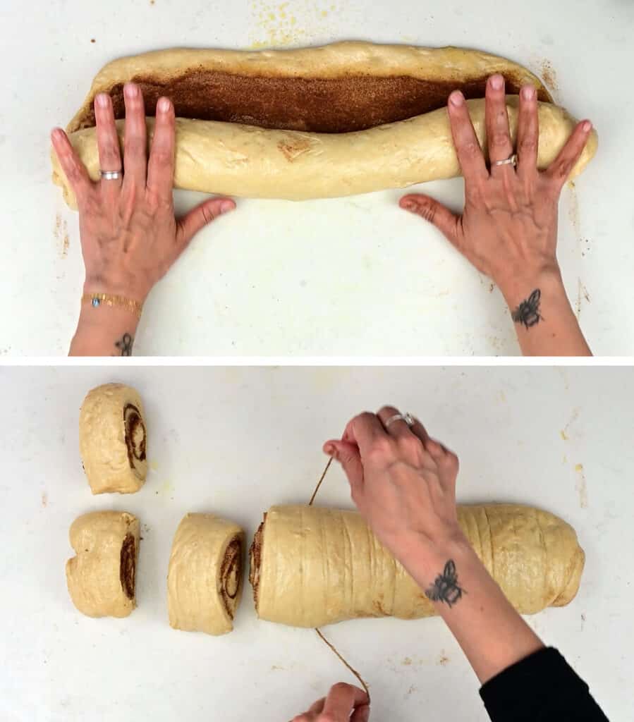 rolling cinnamon roll dough and slicing