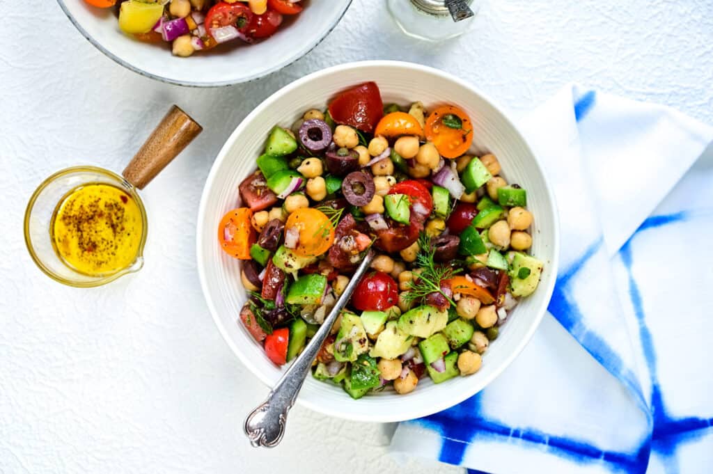 vagan chickpea salad in a white bowl