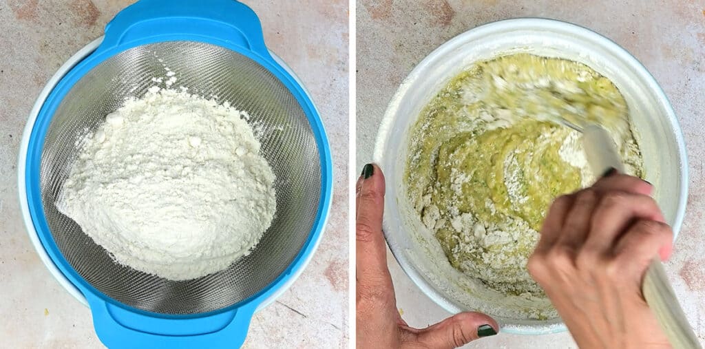 Stirring flour into courgette cake batter