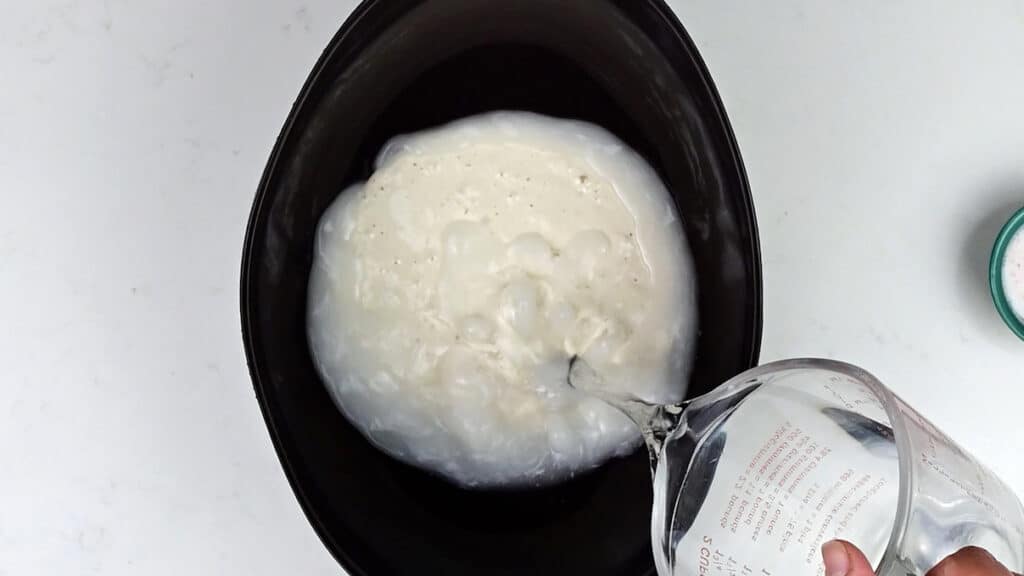 adding water to sourdough starter in a bowl