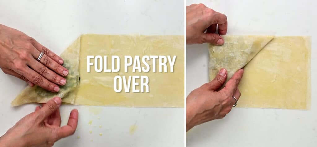 folding phyllo pastry to make spinach and feta hand pies