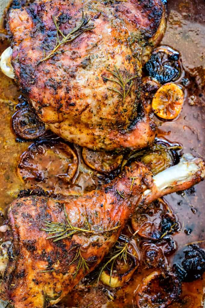 overhead close up shot of oven roasted turkey leg and thigh
