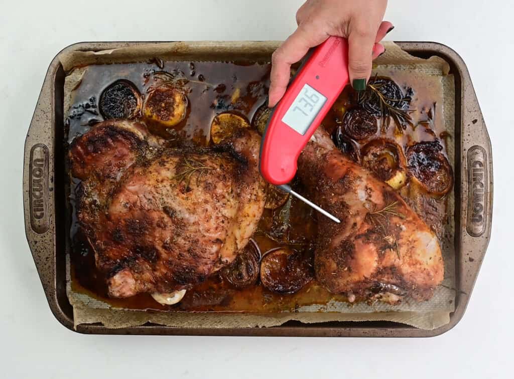 checking the temperature of roast turkey leg with digital thermometer