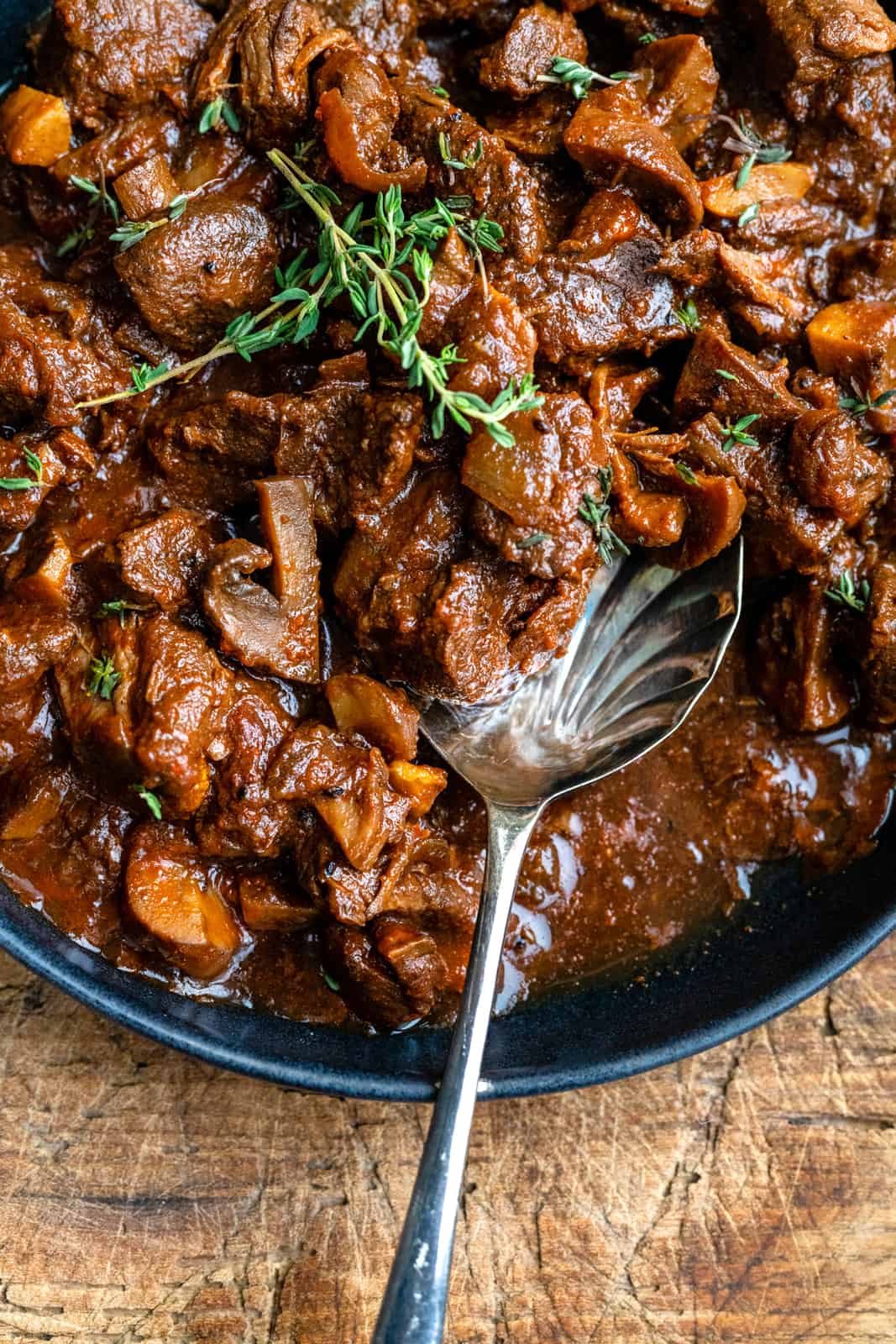 close up on a bowl of braised venison stew