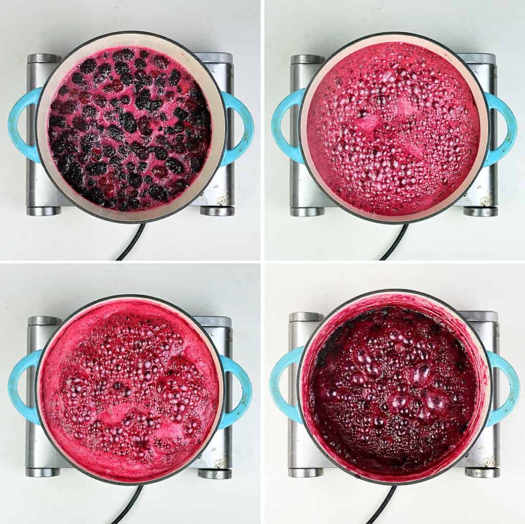 Collage showing stages of jam cooking in a pot