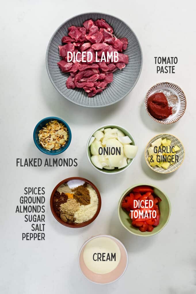Lamb Pasanda ingredients in bowls