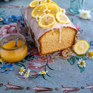 Lemon Curd loaf cake with slice cut to show interior texture