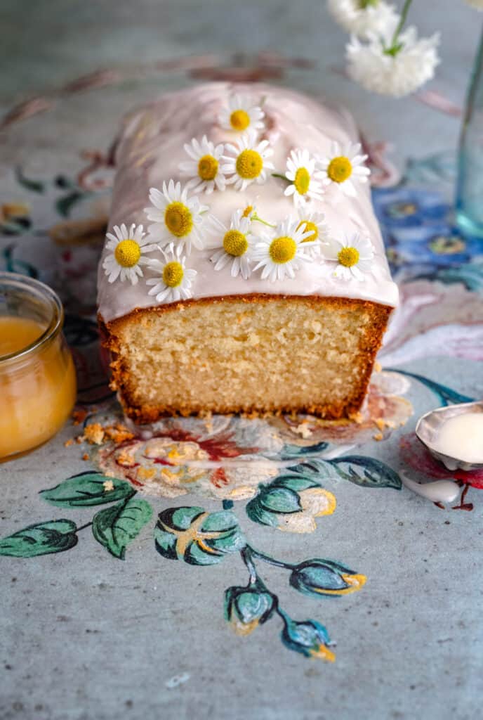lemon cake decorated with flowers 