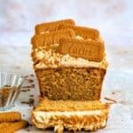 Biscoff Loaf cake topped with buttercream and Lotus Biscoff biscuits