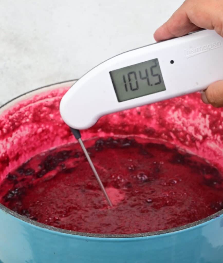 Checking jam temperature with a digital thermometer