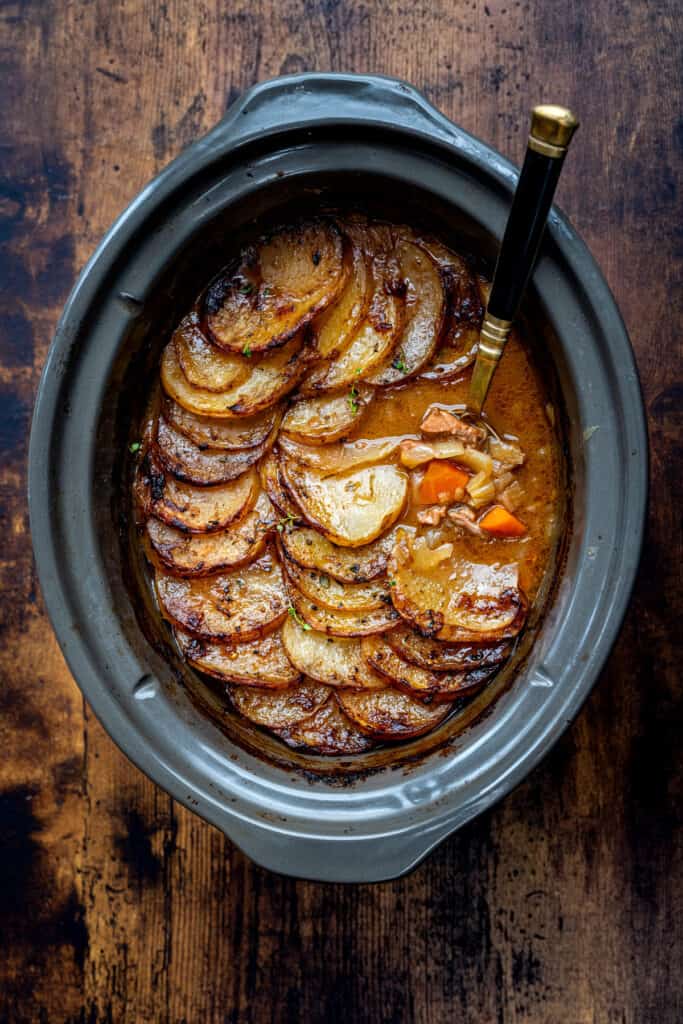 overhead photo of Lancashire Lamb hotpot in a slow cooker