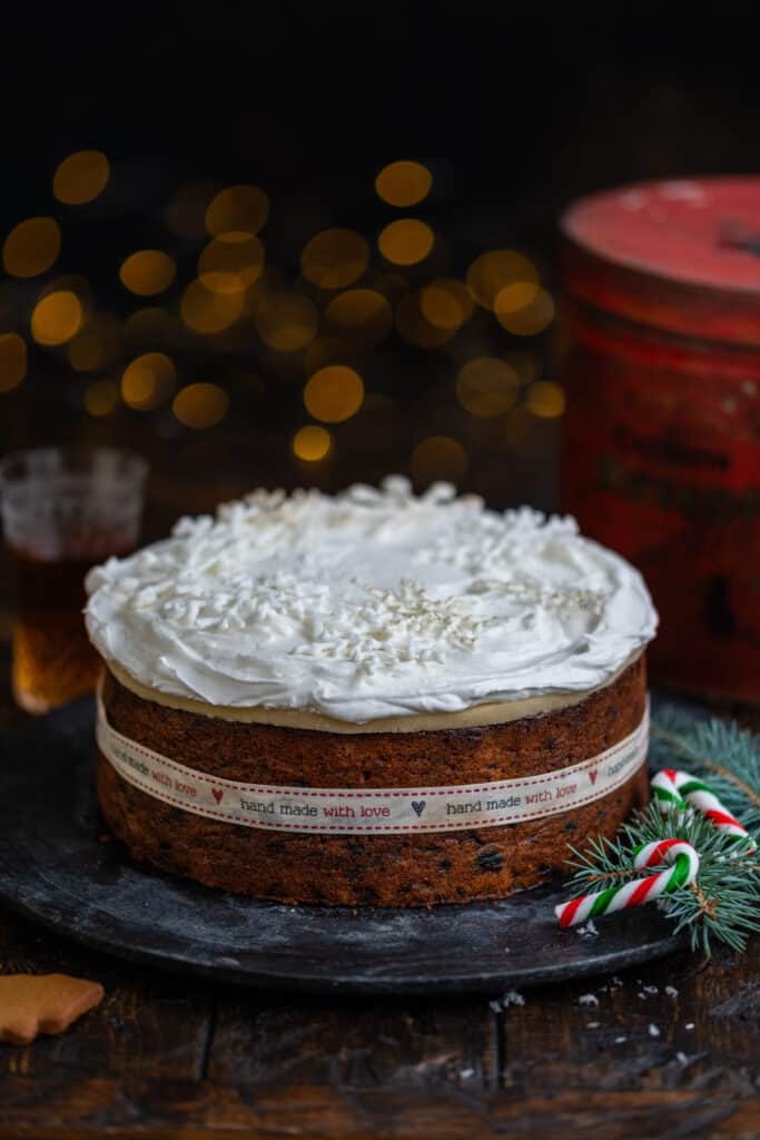 Iced Christmas Cake on a marble platter