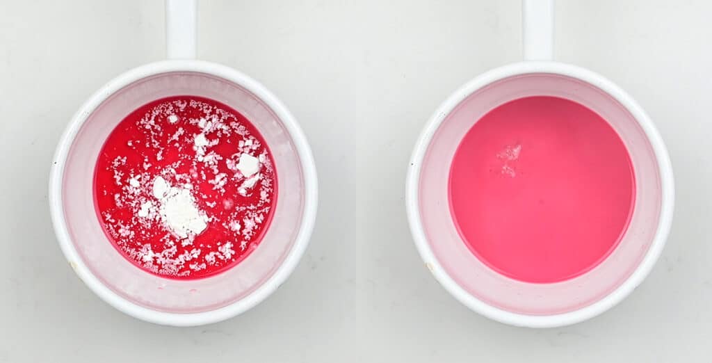 stirring cornstarch into cranberry juice in a pan