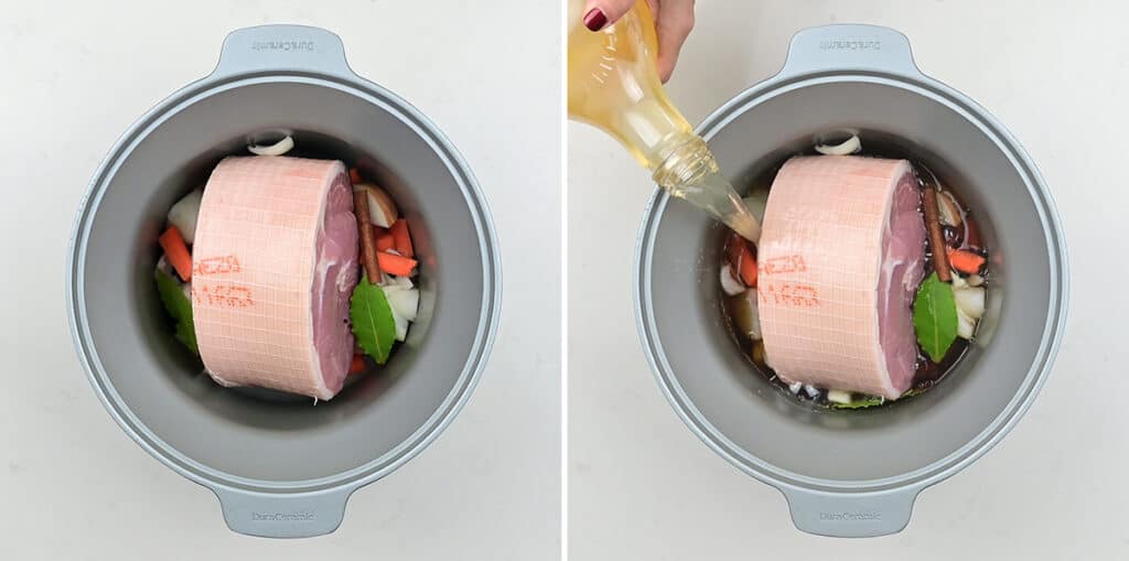 Collage showing how to cook gammon in a slow cooker