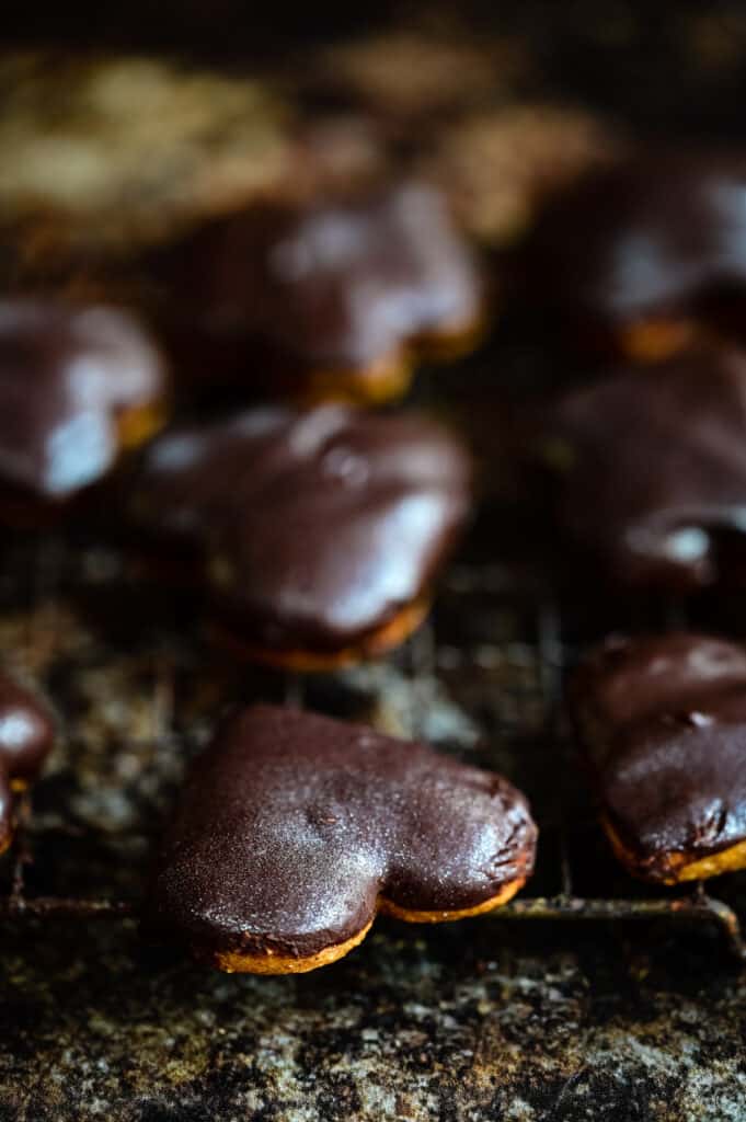 Lebckuchen cookies covered with chocolate glaze