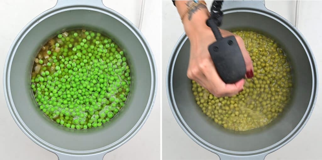 collage showing how to make pea and ham soup in a slow cooker
