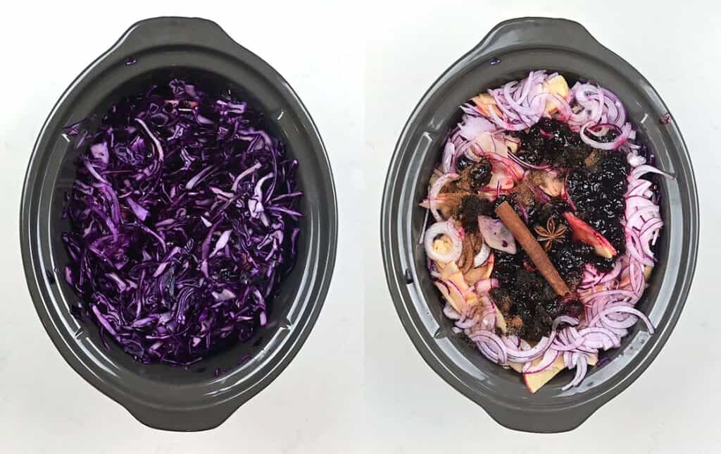 shredded red cabbage with apples and onions in a slow cooker