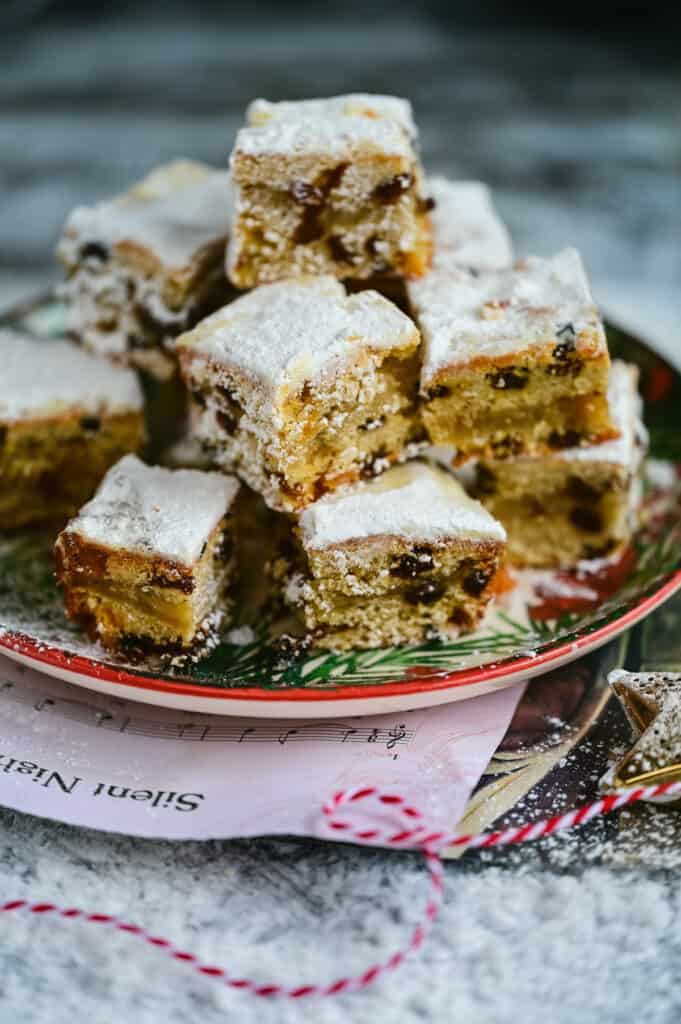Mini Stollen squares piled on a plate