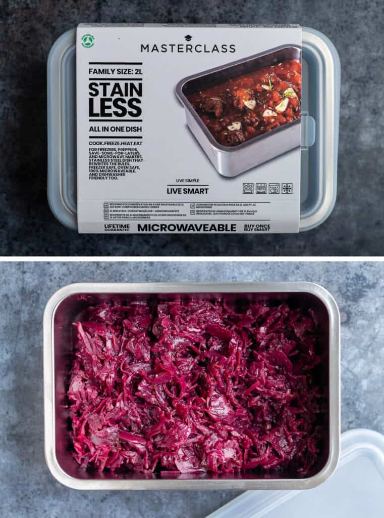 braised red cabbage in a stainless steel container