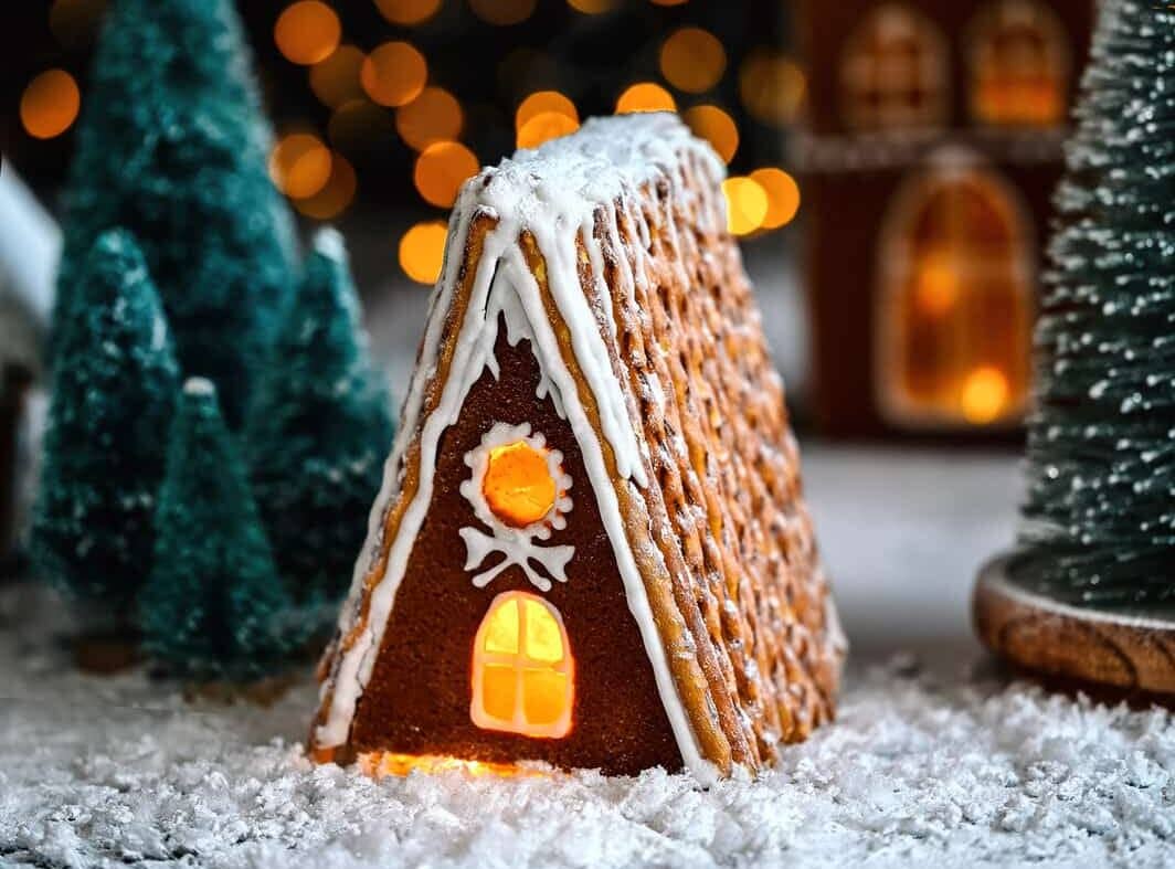A small, A-frame gingerbread house with glowing windows sits on snowy ground. The roof is decorated with white icing, and there are decorated trees and festive lights blurred in the background.