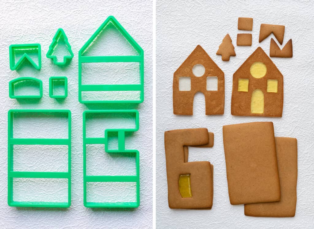Gingerbread house cutters and their resulting cookies