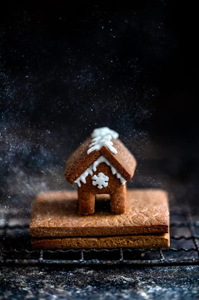 Tiny gingerbread house against a dark background
