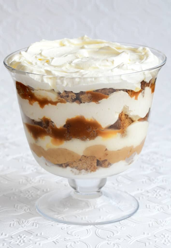 Gingerbread trifle in a glass trifle dish