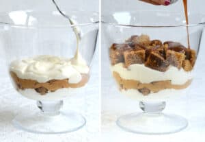 Collage showing layering ingredients into a trifle bowl