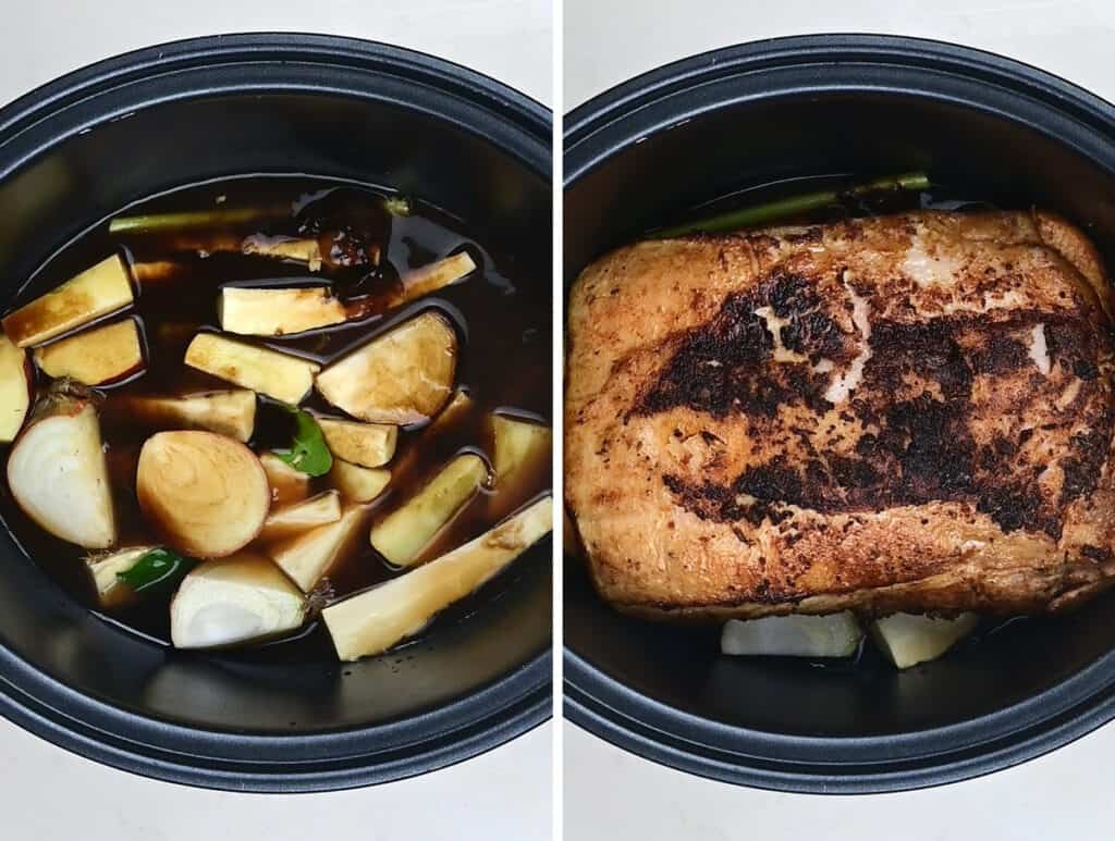 collage showing pork roast in a slow cooker