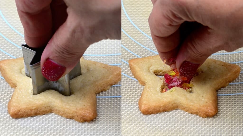 Filling the center of stained glass window cookie with crushed candy