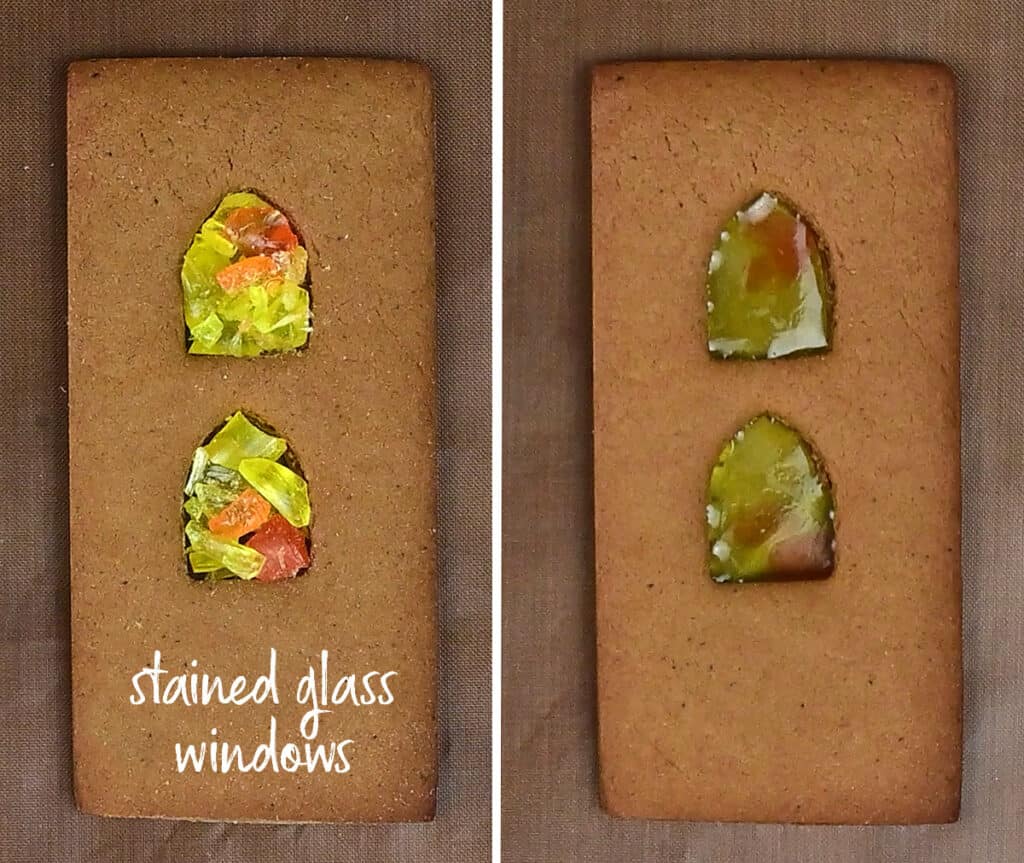 Collage showing how to make stained glass windows using candy